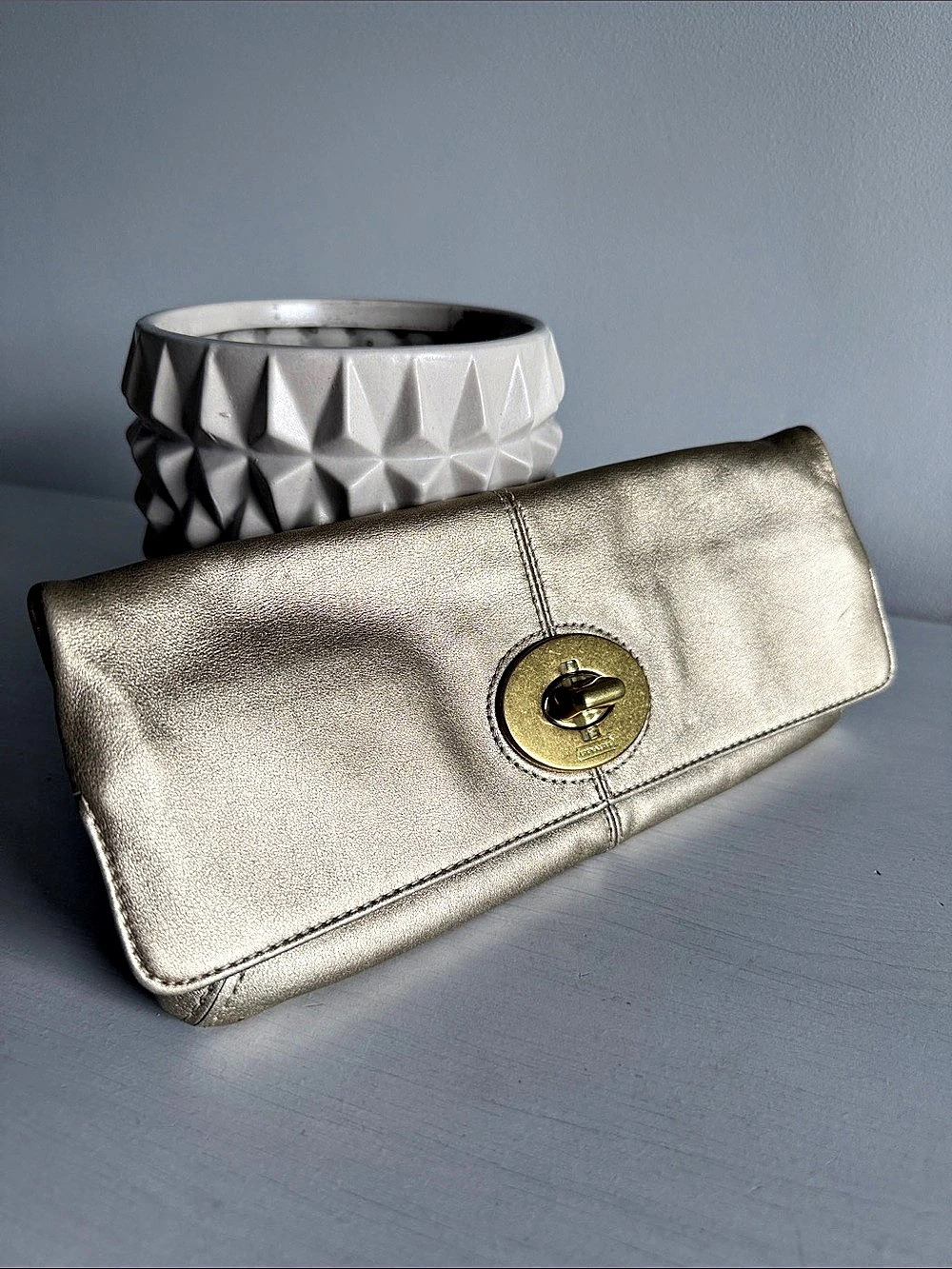 Coach Metallic Gold Turnlock Foldover Clutch Gold